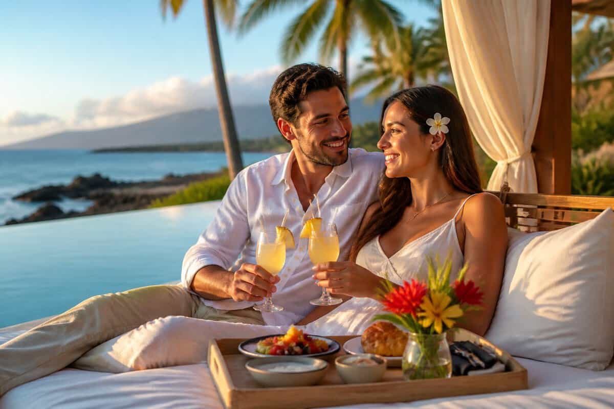 Newlywed couple relaxing beside an oceanfront resort pool in Hawaii.