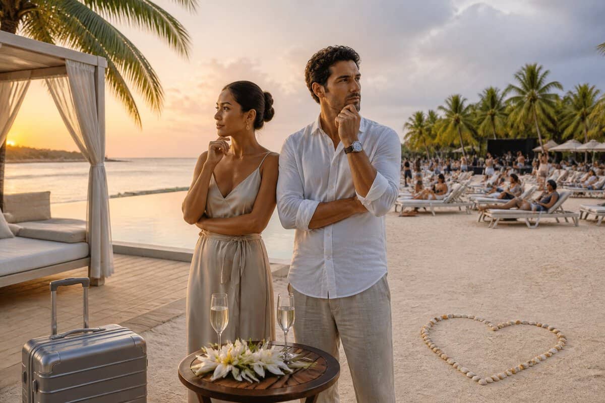 A newlywed couple thoughtfully compares two contrasting experiences at a tropical resort.