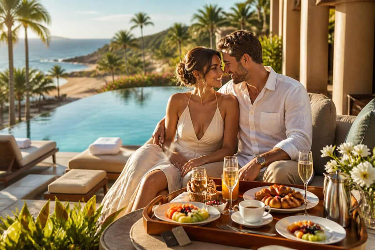Newlywed couple enjoying breakfast together on a sunny luxury resort terrace overlooking a pool and ocean.