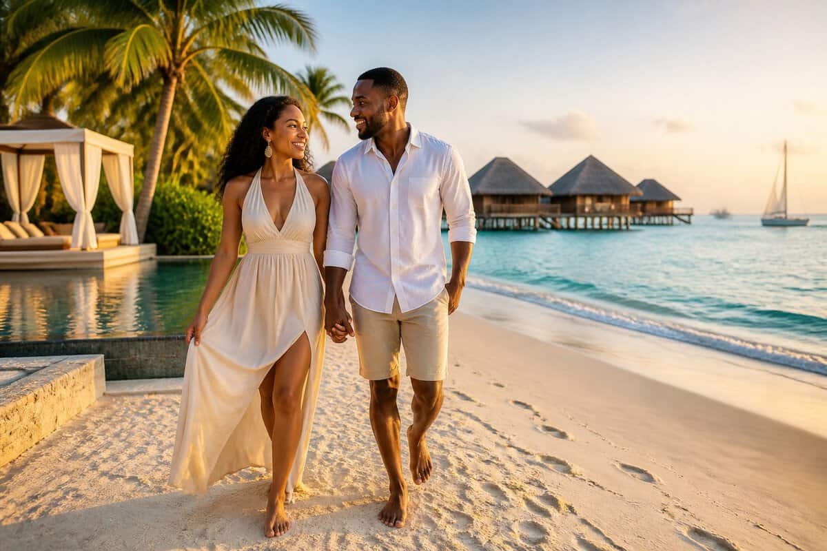 A happy newlywed couple walking on a tropical beach at a luxurious all-inclusive resort.