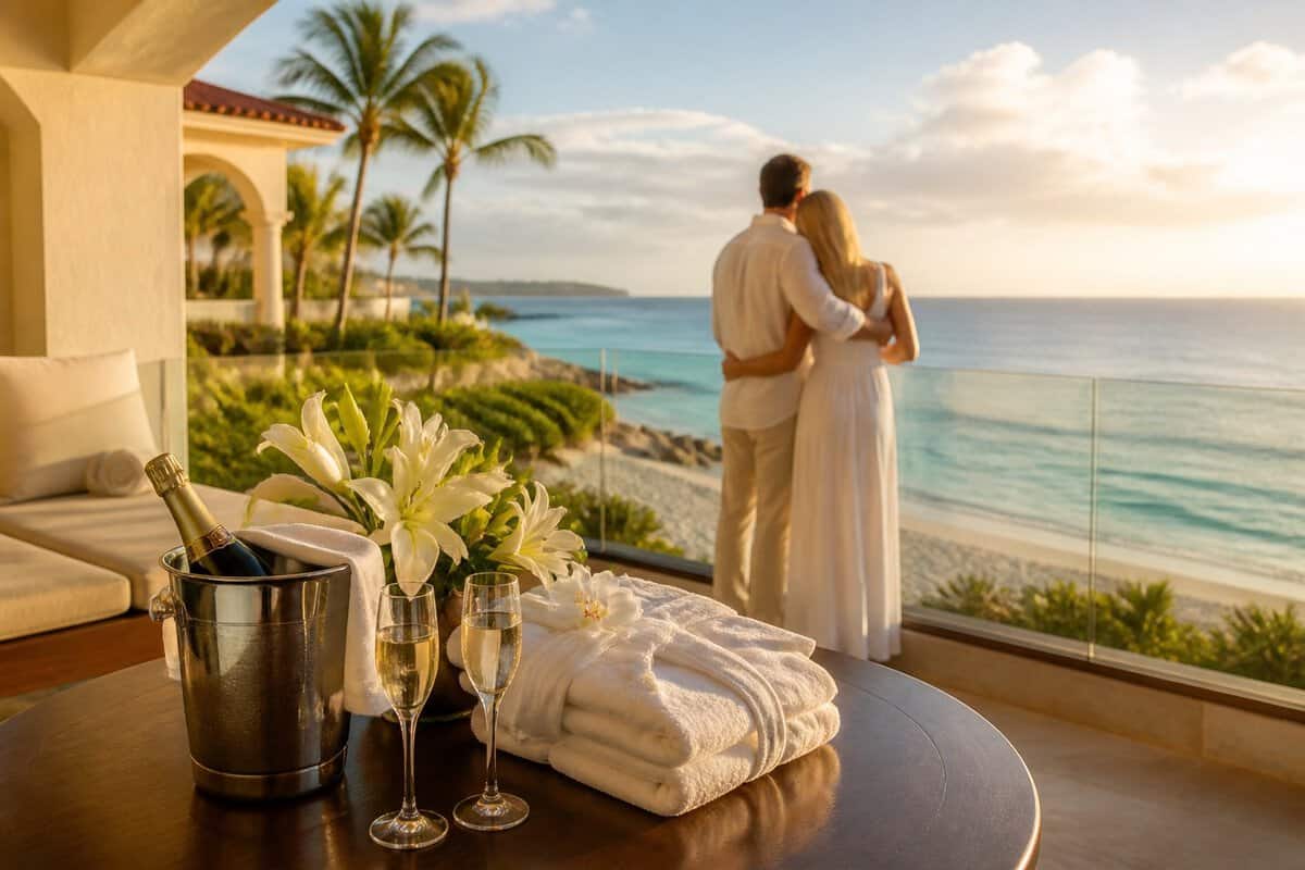 A newlywed couple embraces on a luxury resort balcony overlooking a tropical beach, with champagne and flowers nearby.