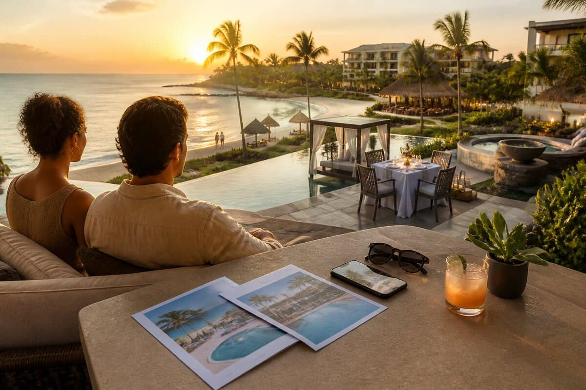 A couple compares resort options from a terrace overlooking a luxurious tropical beach resort.