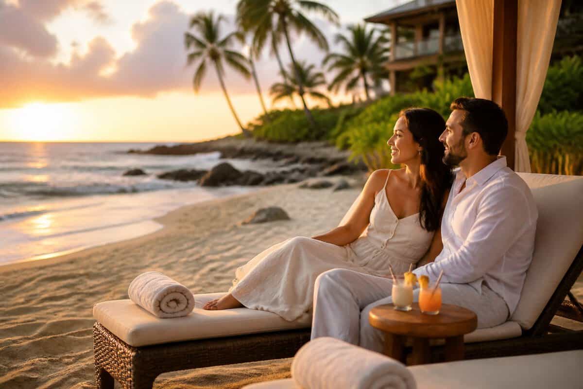 A newlywed couple relaxes together at a luxury beach resort during sunset.