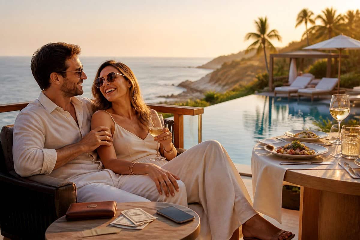 Newlywed couple relaxing at a luxurious coastal resort with travel items and U.S. currency nearby.