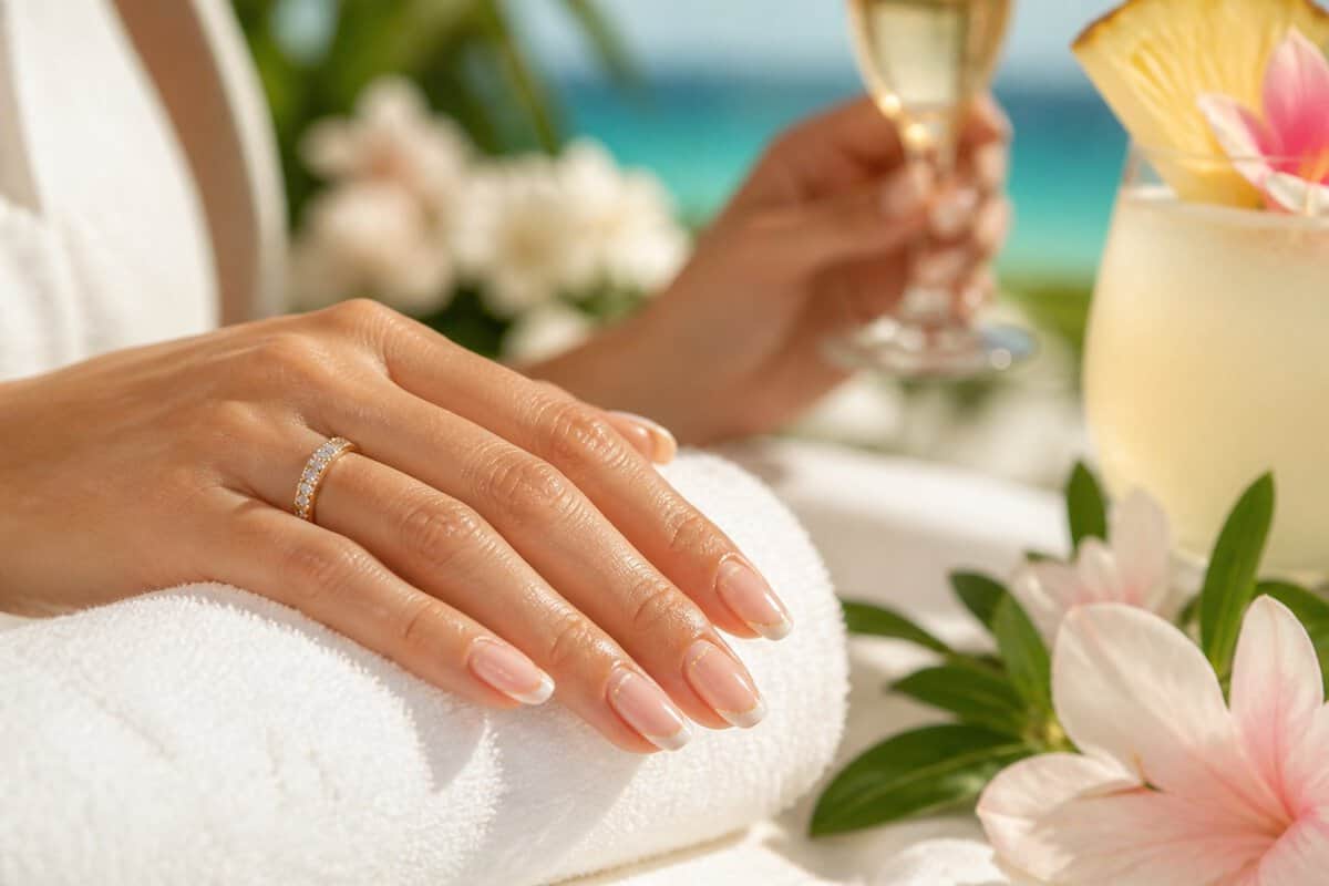 A newlywed woman's manicured hands rest on a resort towel beside a tropical drink and champagne flute.