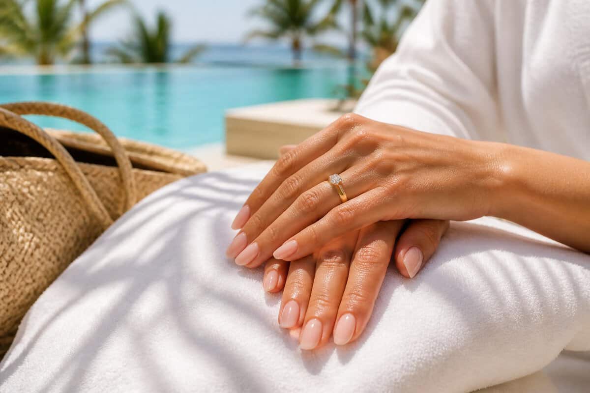 Well-manicured hands with wedding rings resting on a towel beside a beach bag at a tropical resort.