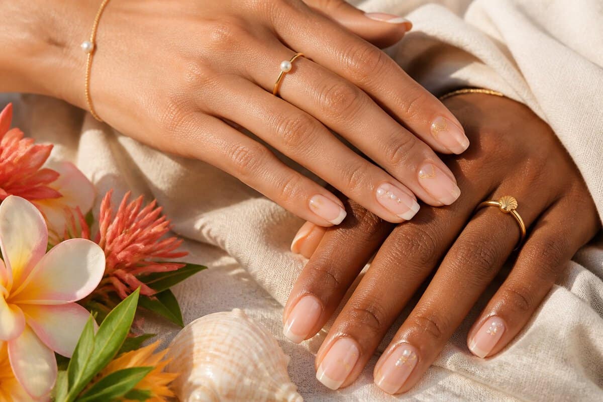 Two hands with elegant blush and nude honeymoon manicures rest on a cream robe beside flowers, a seashell, and gold jewelry.