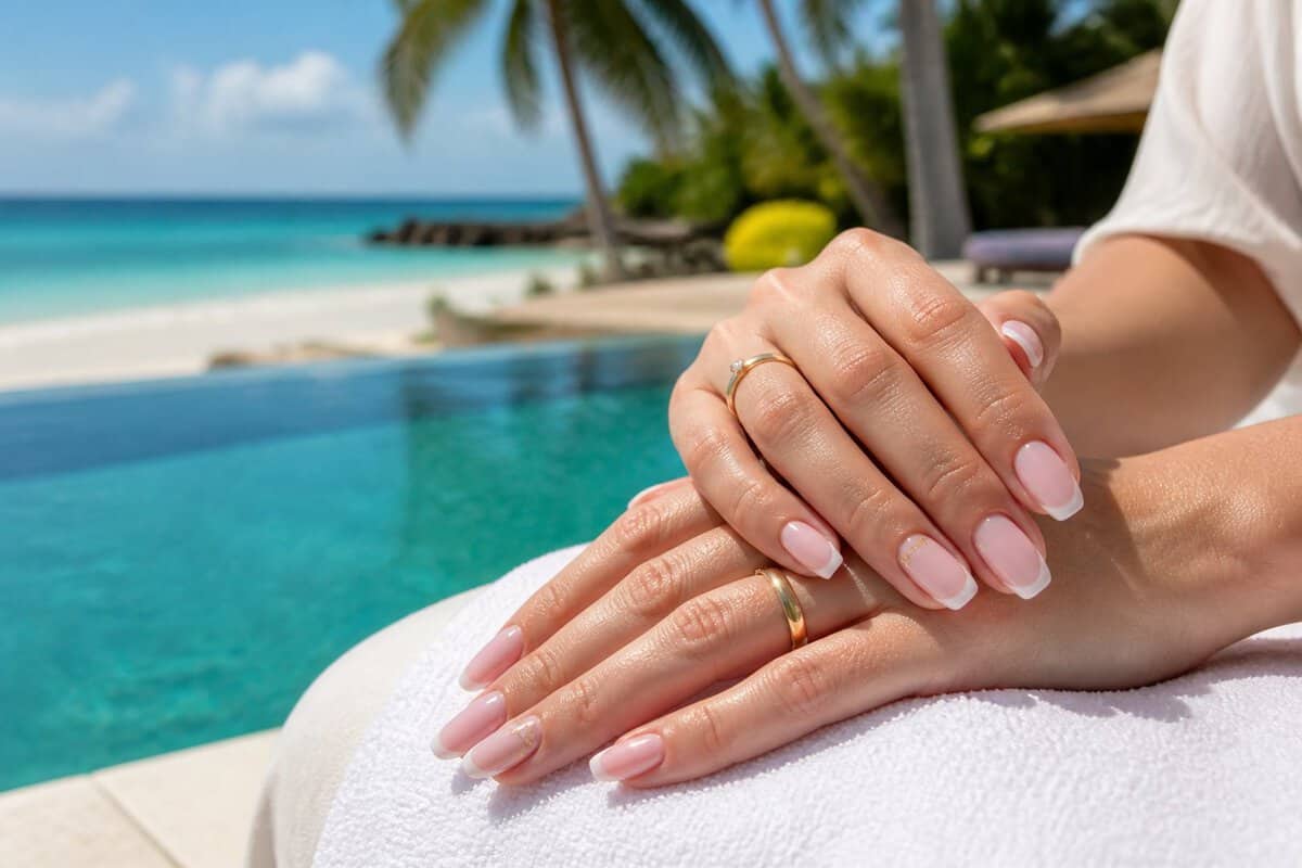 A bride’s manicured hands rest beside a tropical resort pool overlooking the beach.