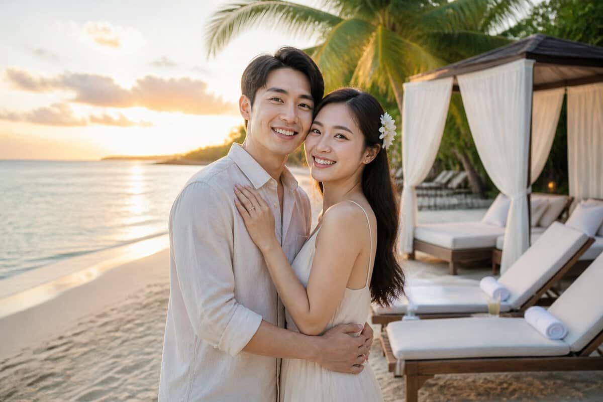 A newlywed Korean couple enjoys a romantic beachside resort honeymoon.