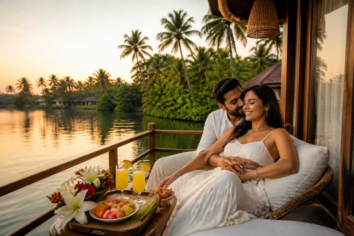 A newlywed couple relaxes on a luxury houseboat surrounded by Kerala’s lush backwaters.