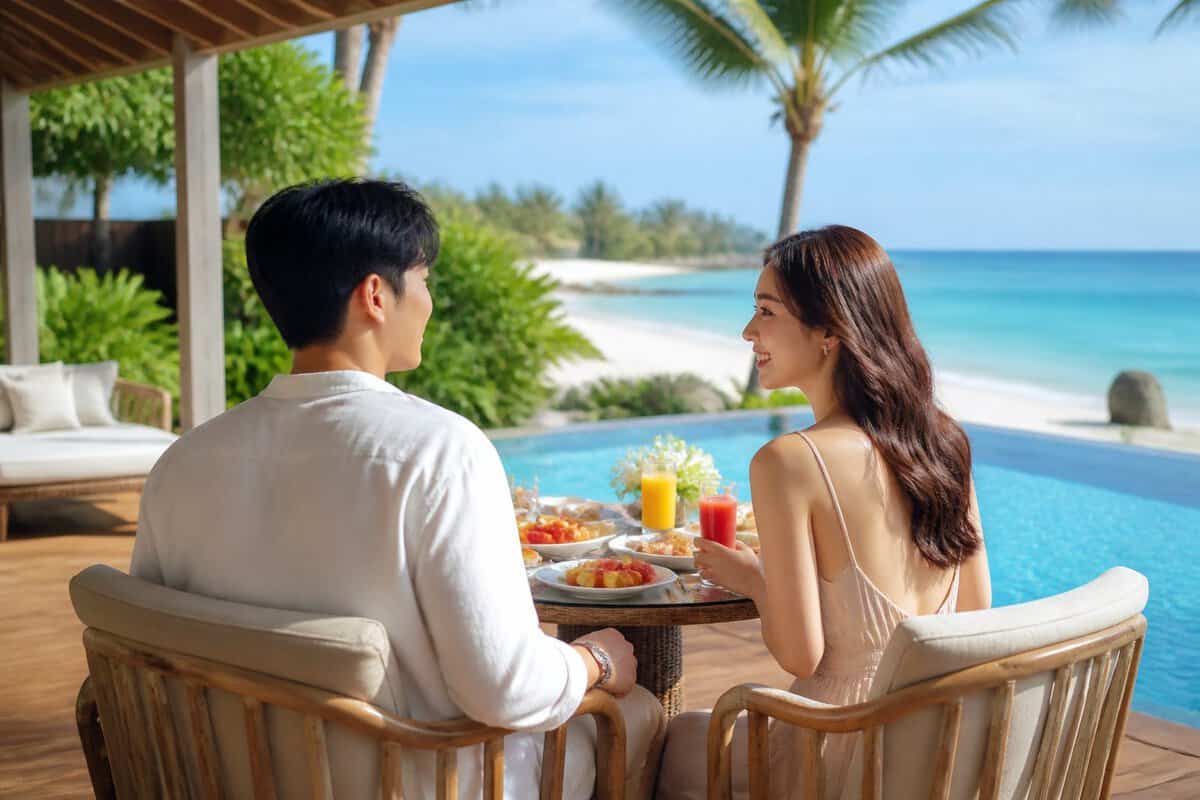 A Korean newlywed couple relaxes together at a luxurious tropical beach resort with an infinity pool and ocean views.