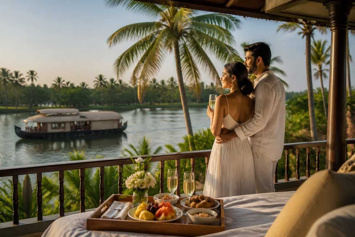 A newlywed couple enjoys a romantic breakfast on a balcony overlooking Kerala’s tropical backwaters.