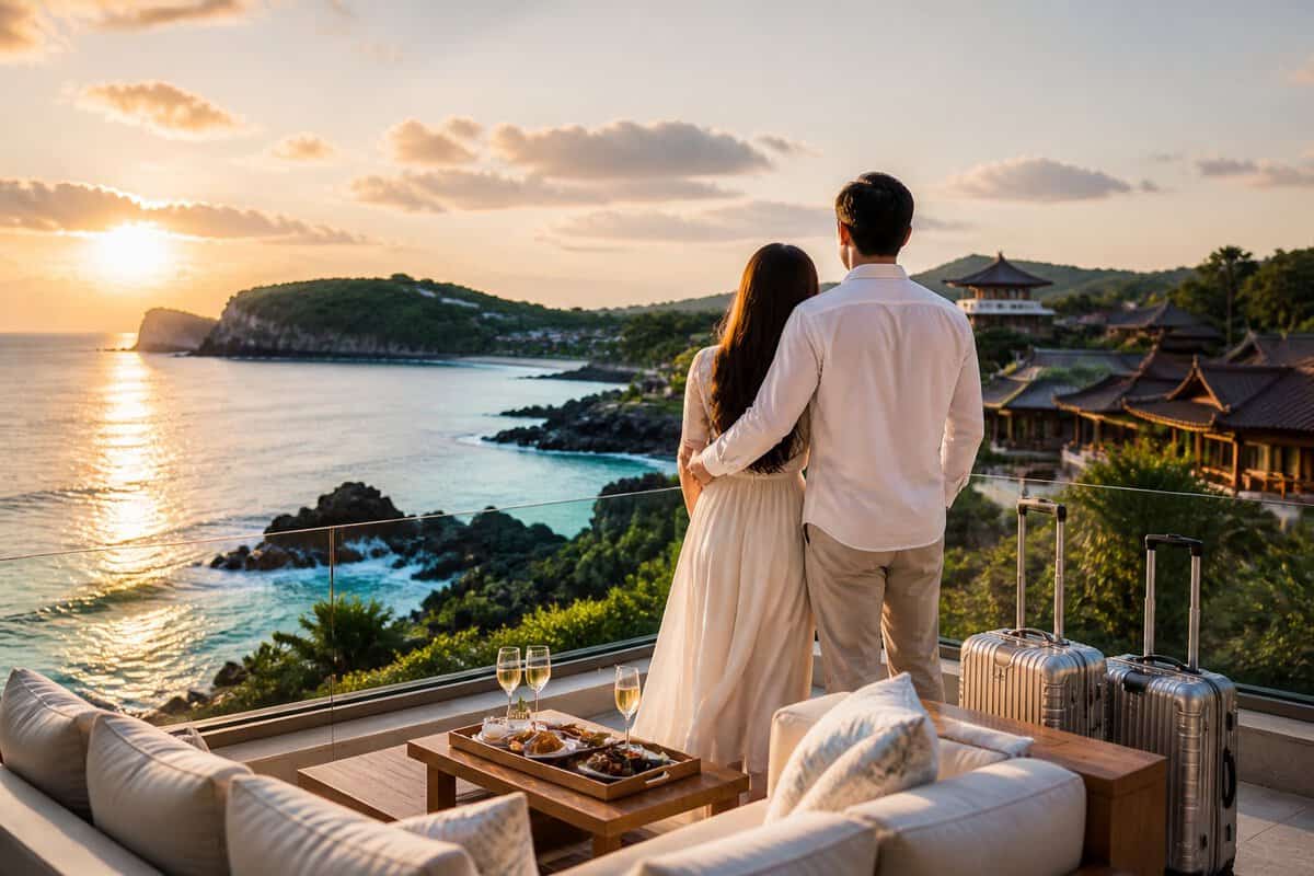 A newlywed couple enjoys a luxurious coastal resort overlooking the waters of Jeju Island.
