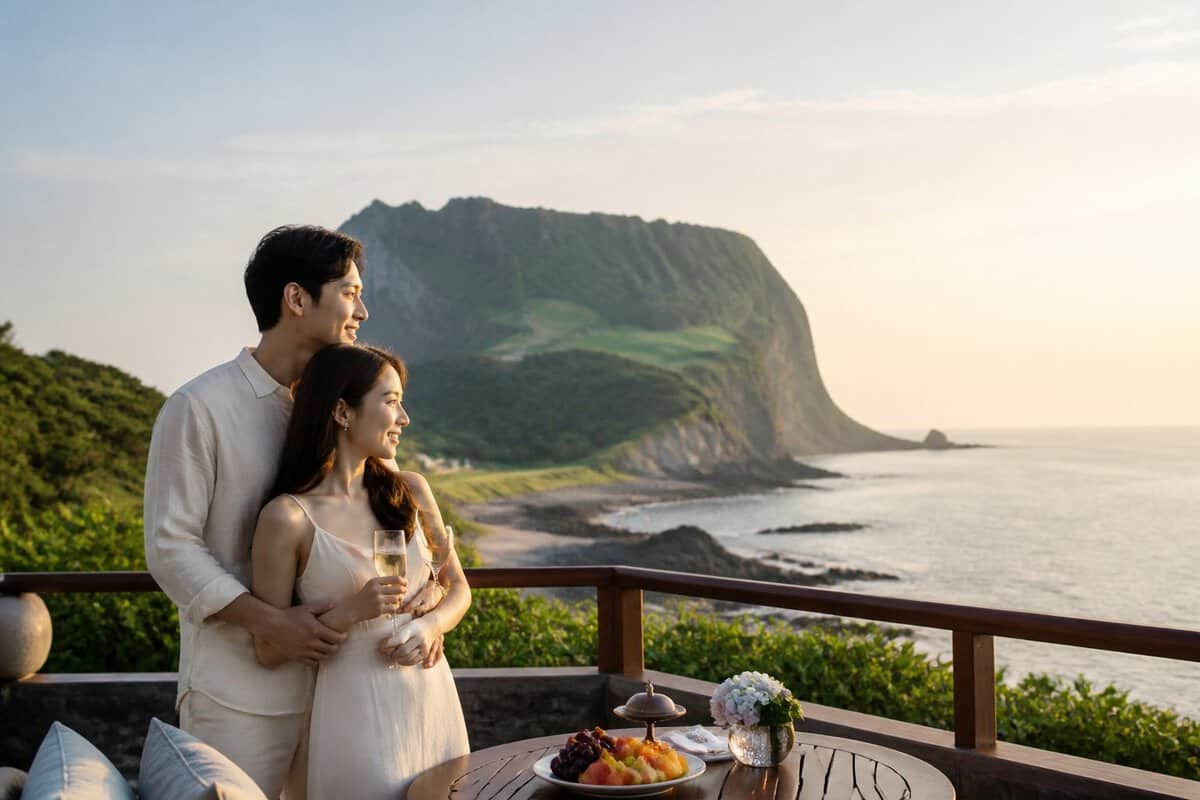A newlywed couple embraces on a coastal terrace overlooking the sea on Jeju Island.
