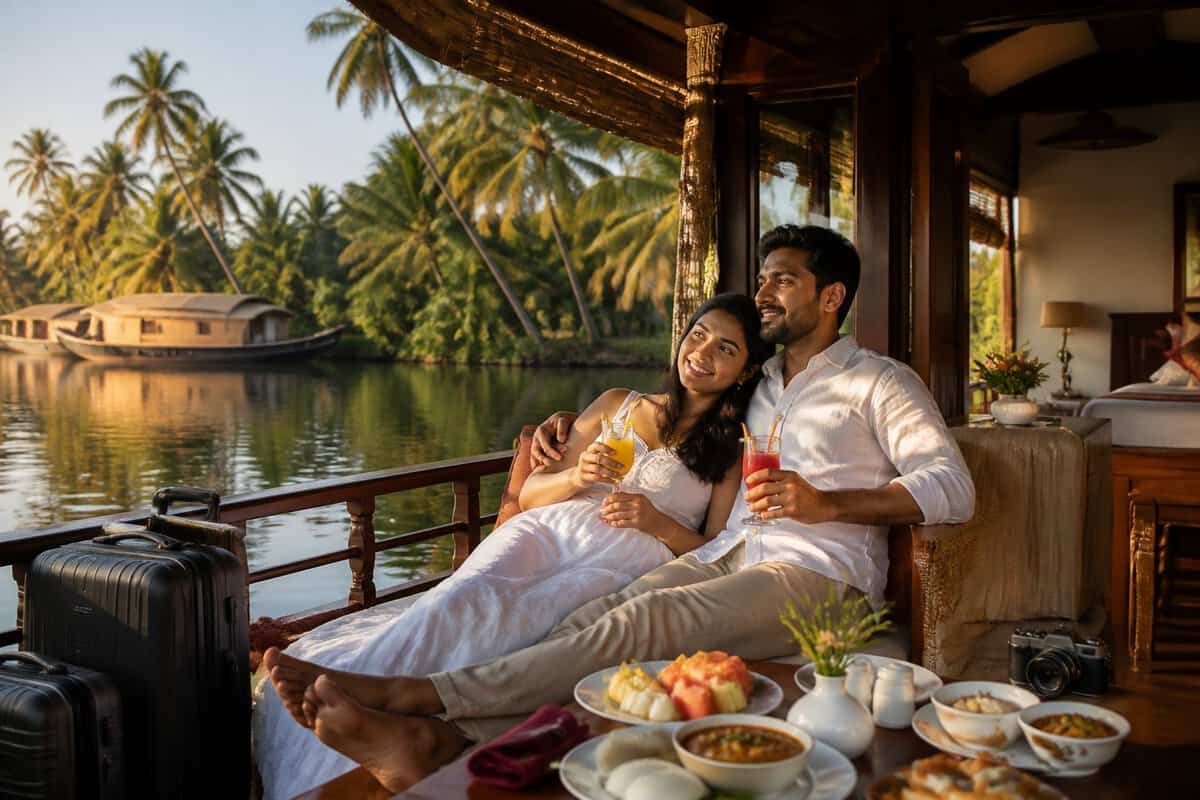 A newlywed couple relaxing with drinks on a luxury houseboat in Kerala’s tropical backwaters.