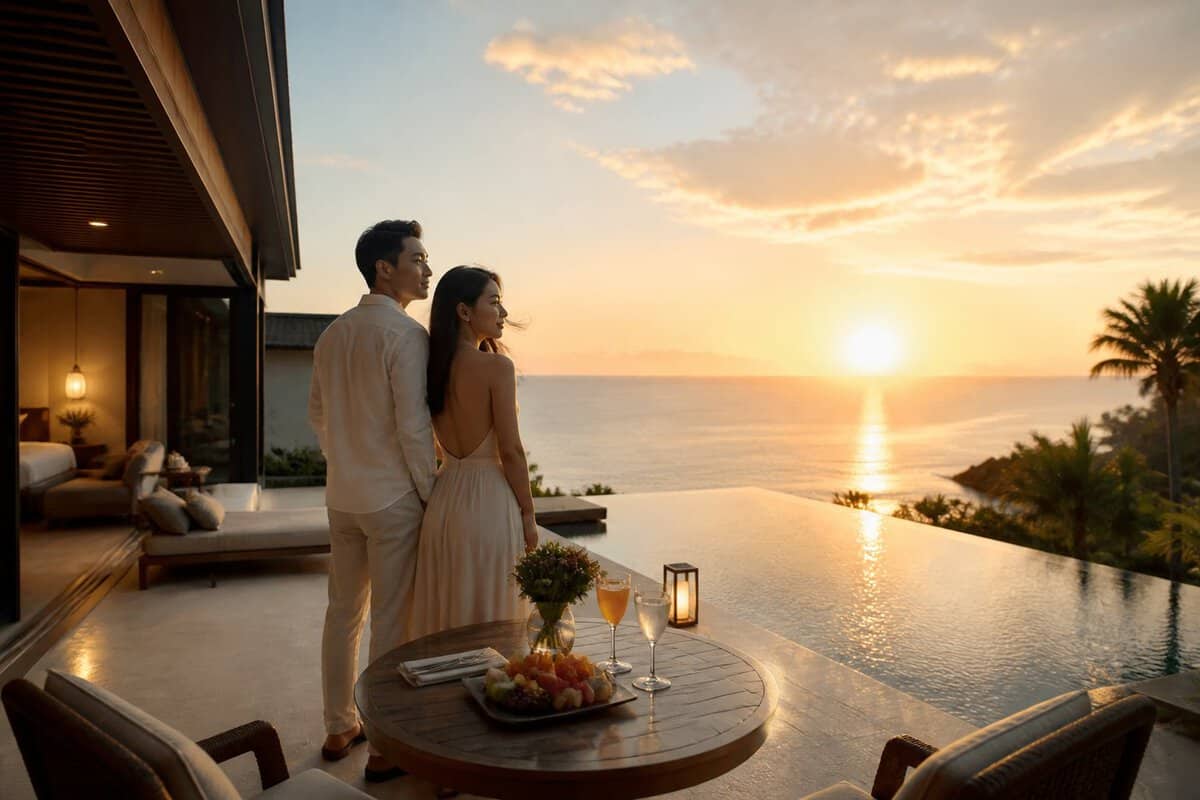 A newlywed couple relaxes together on a luxurious oceanfront resort terrace overlooking the sea.