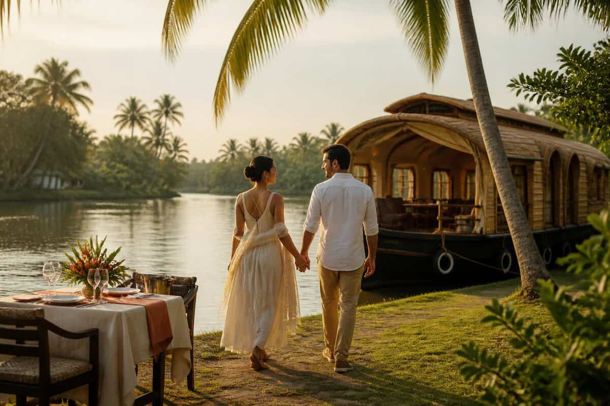 A newlywed couple walks beside a Kerala backwater near a traditional houseboat surrounded by coconut palms.