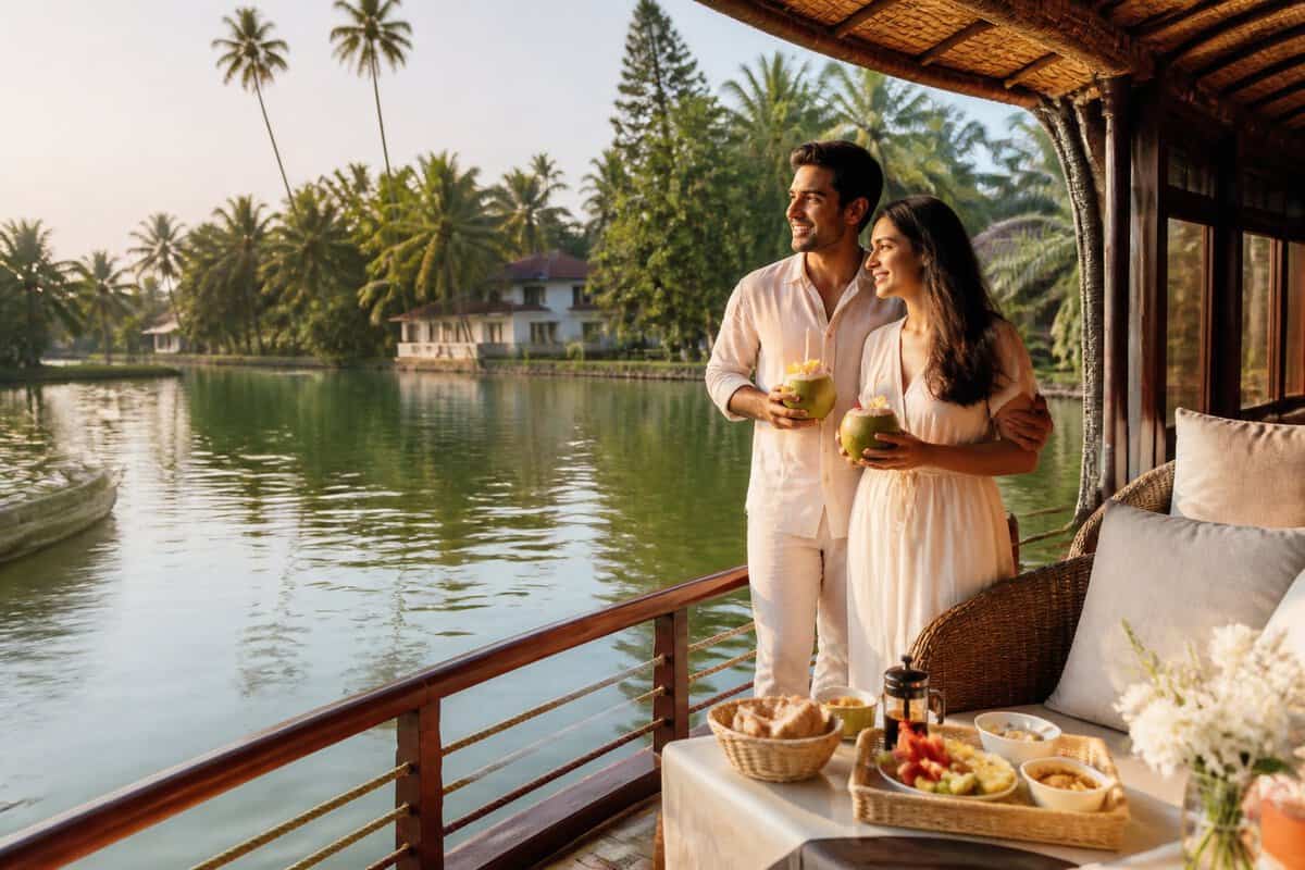 Newlywed couple enjoying a romantic houseboat ride through Kerala’s lush backwaters.