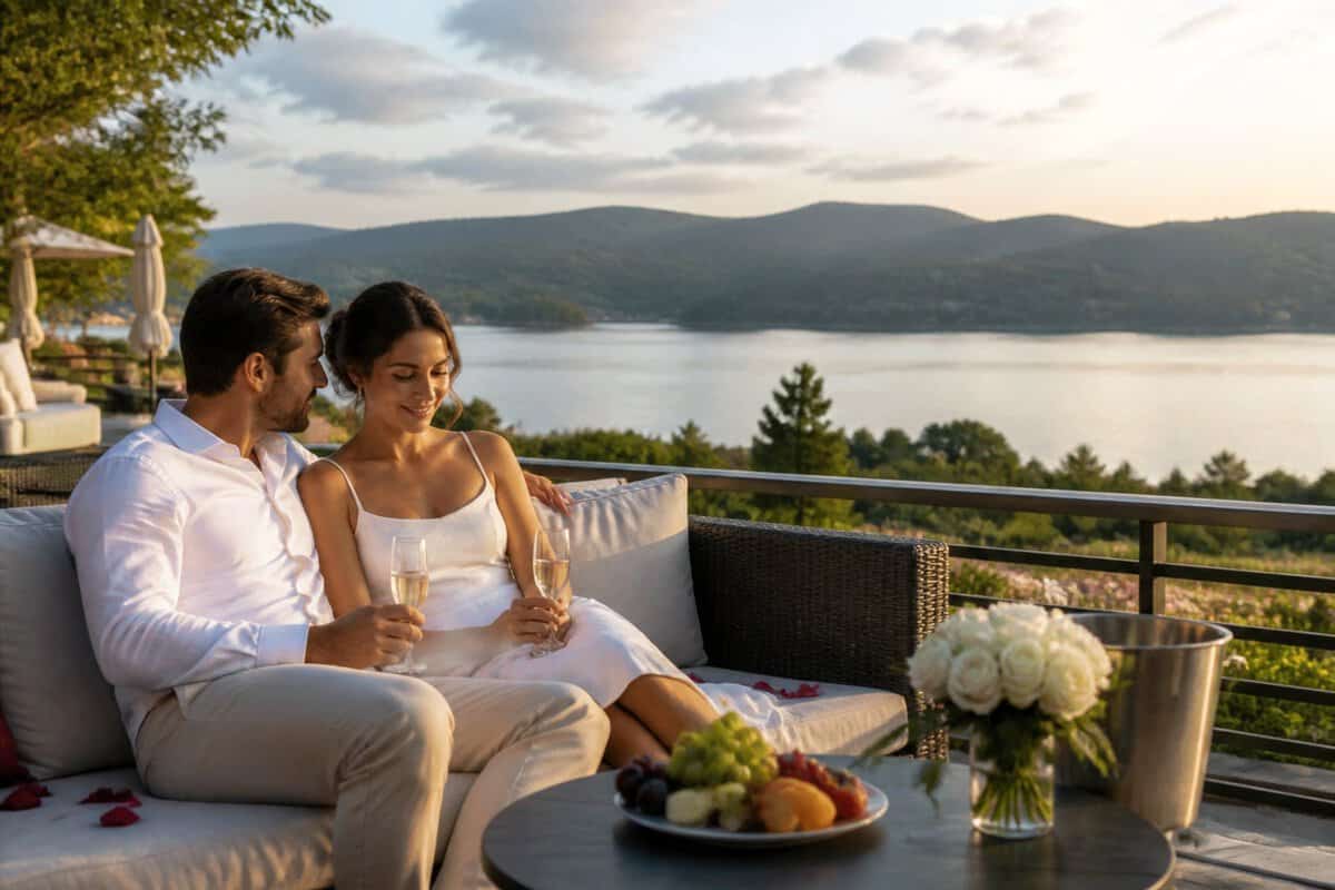 A newlywed couple relaxes at a scenic riverside resort overlooking the Hudson River.