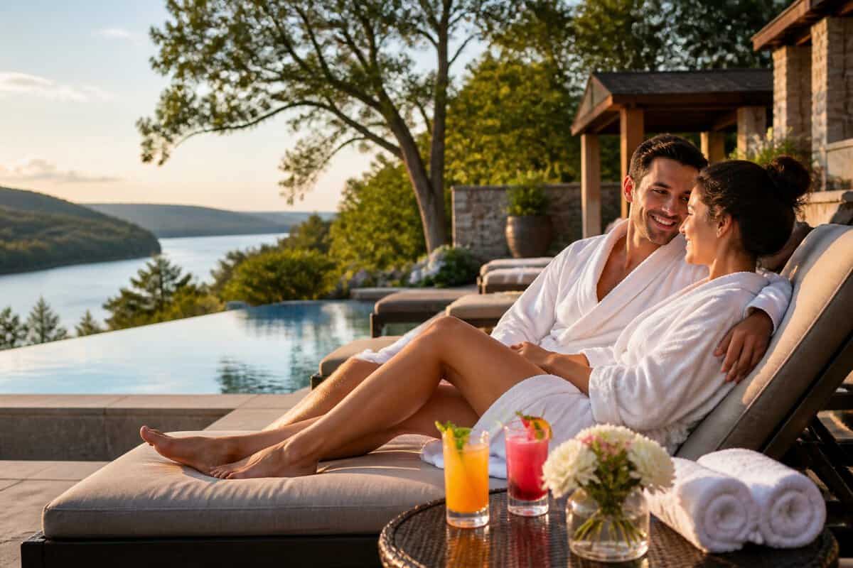 A newlywed couple relaxes on an elegant resort terrace overlooking a peaceful river and green hills.