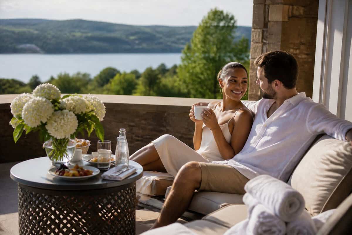 Newlywed couple relaxing on a resort terrace overlooking the Hudson Valley.