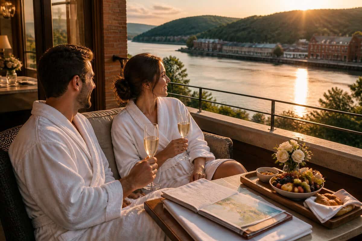 A couple enjoys a romantic breakfast on a riverside hotel terrace overlooking the Hudson River.