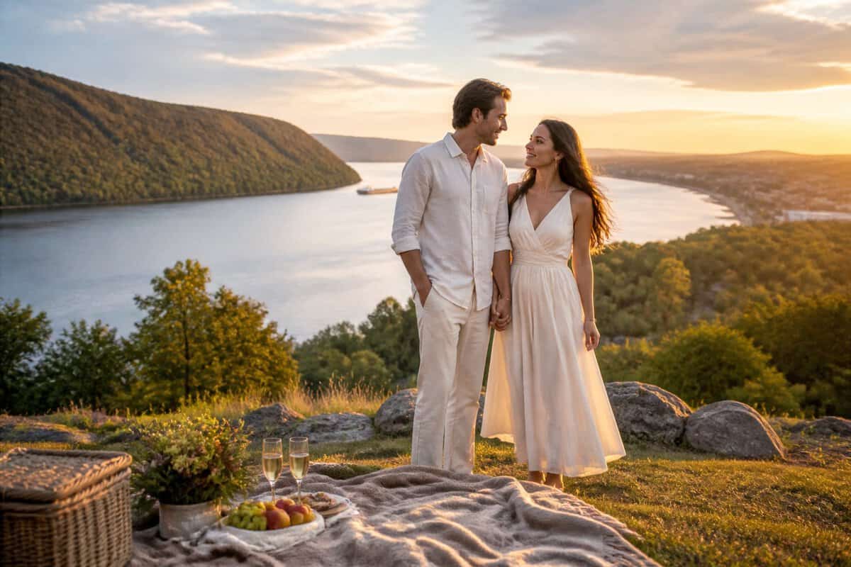 A newlywed couple enjoys a romantic Hudson Valley overlook with the river and wooded hills in the background.