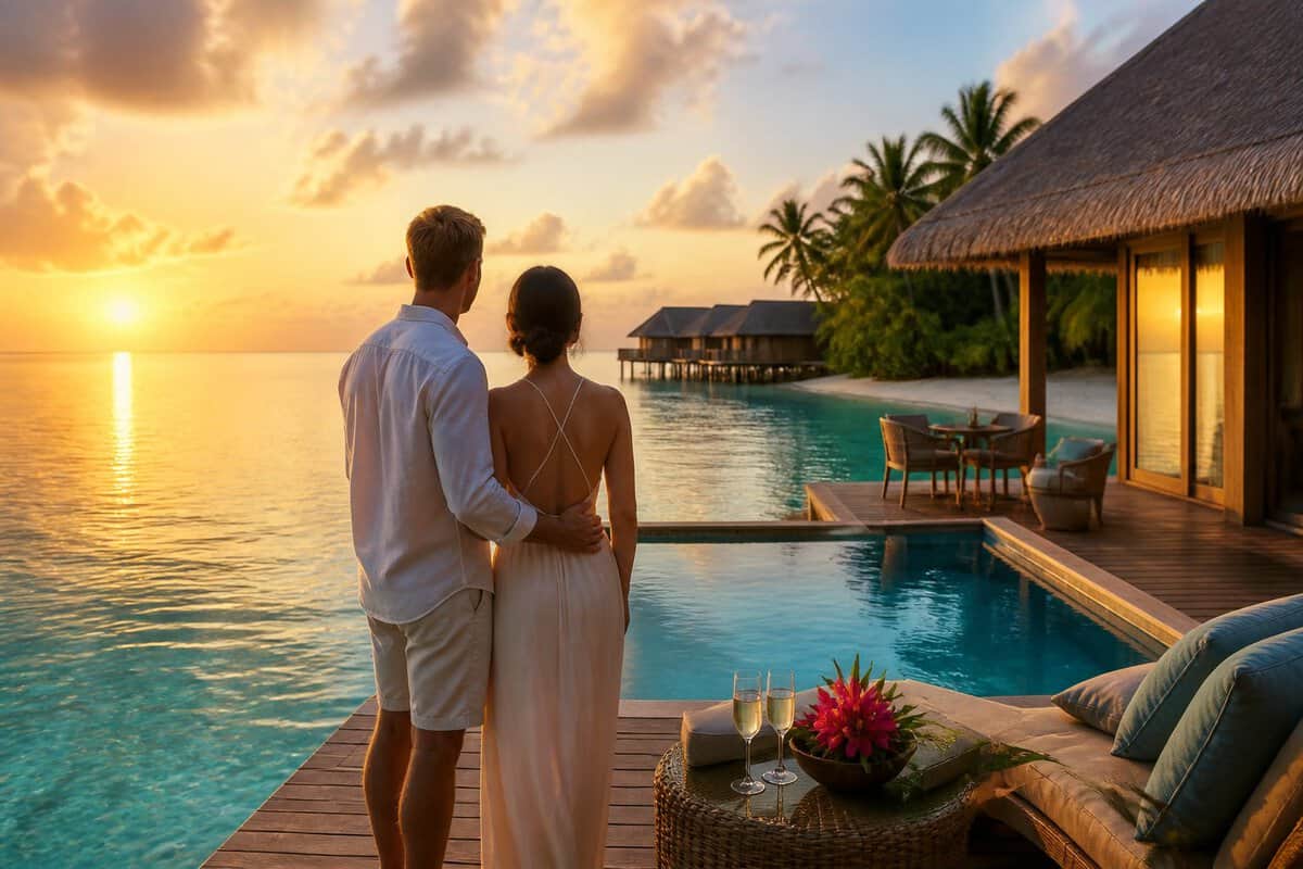 A newlywed couple overlooks a luxurious overwater bungalow and turquoise lagoon at sunset in the Maldives.