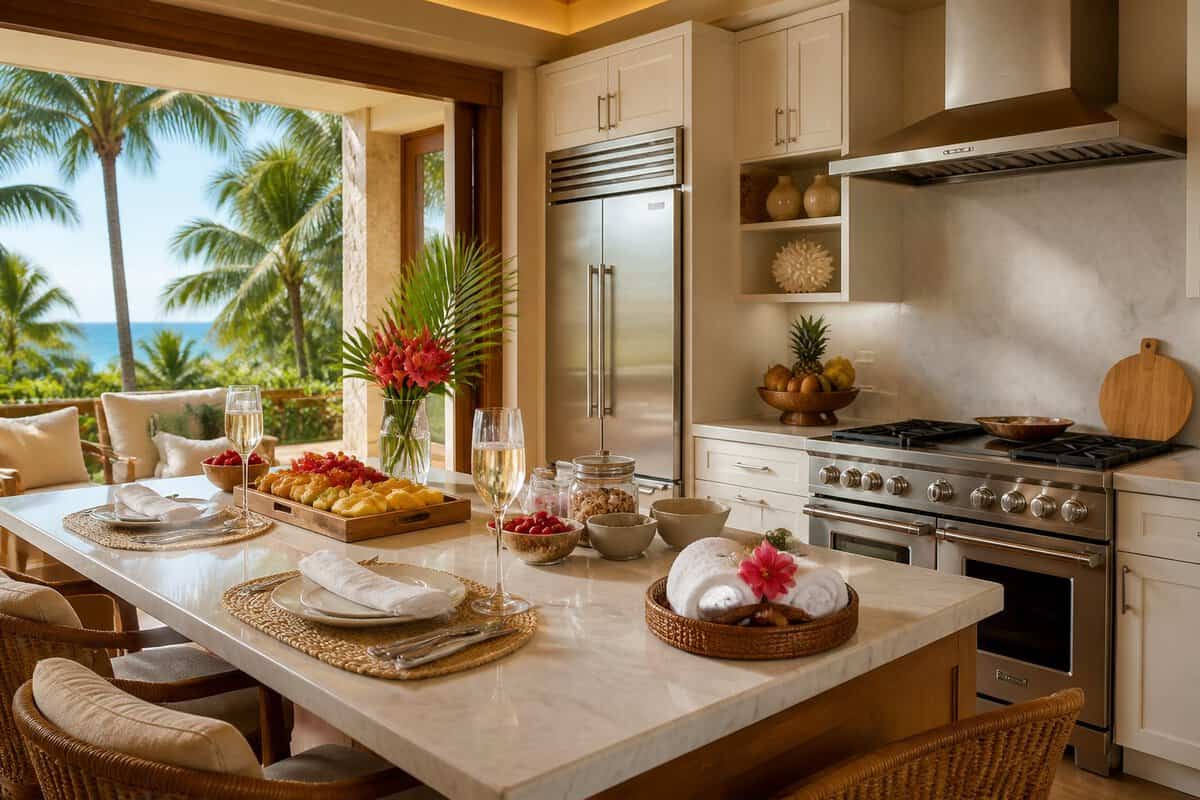 A luxurious resort kitchen prepared for a honeymoon breakfast, with tropical views and a table set for two.