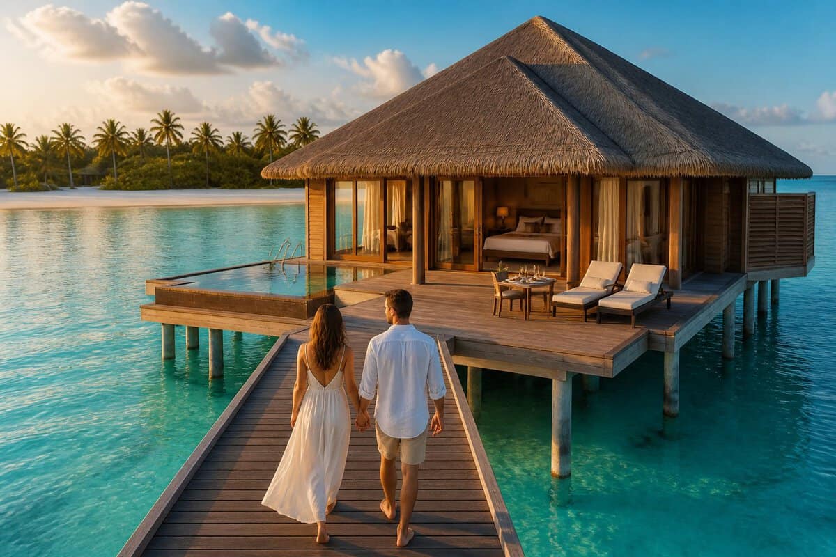 A couple walks hand in hand along a jetty toward a luxurious overwater villa in the Maldives.
