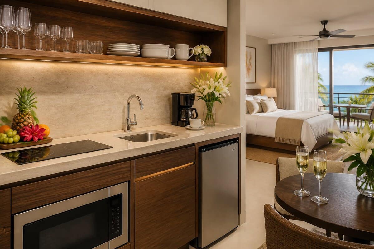 A romantic honeymoon resort suite with a compact modern kitchenette, tropical fruit, flowers, and champagne glasses.