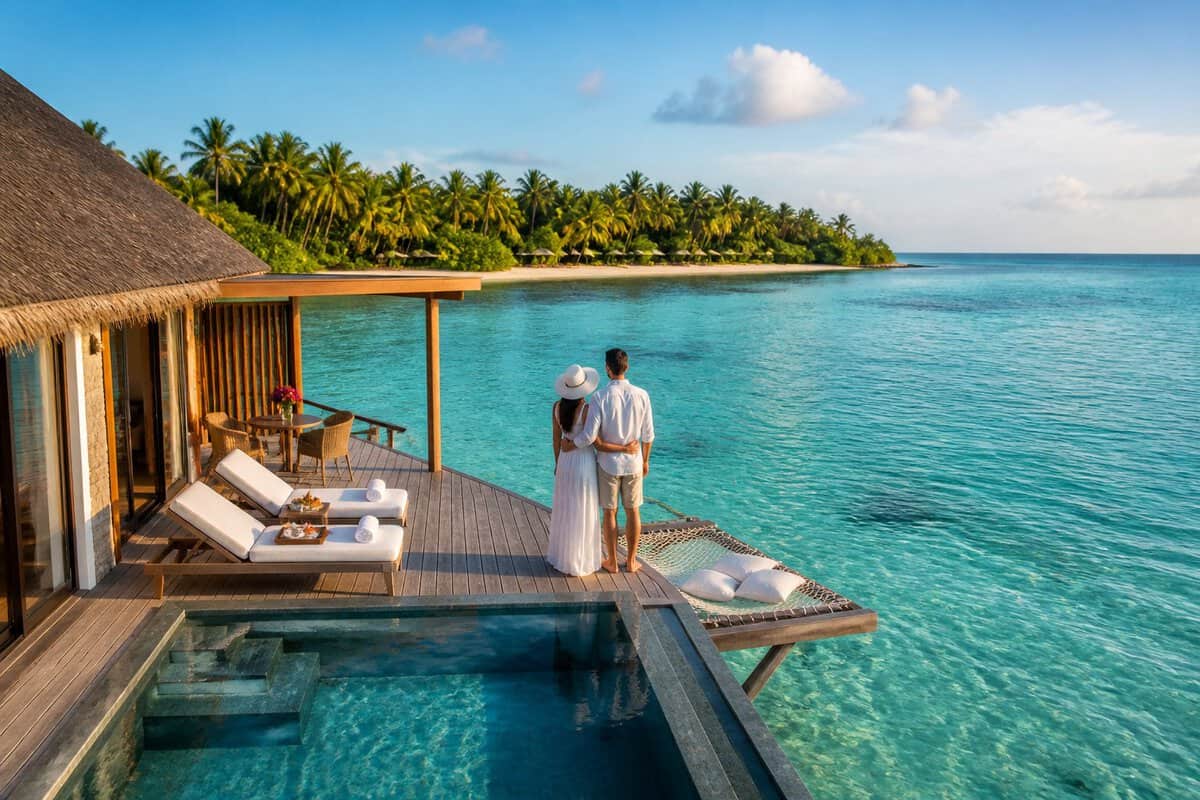 A couple stands on the deck of a luxurious overwater villa overlooking a turquoise lagoon in the Maldives.