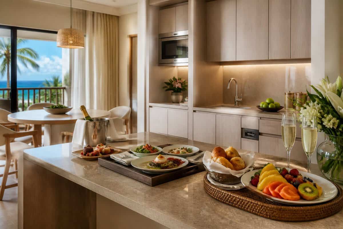 A luxurious honeymoon suite kitchen with ready-to-eat food, fresh fruit, flowers, and champagne glasses.