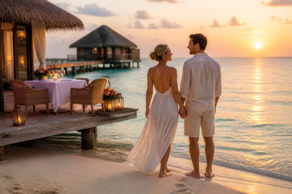 A newlywed couple holding hands on a white-sand beach beside a turquoise lagoon, with an overwater villa and romantic dining setup nearby.