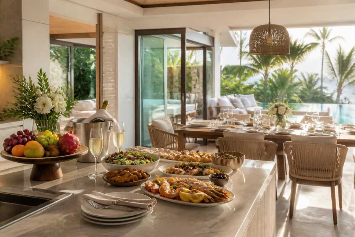 A luxurious private villa kitchen and dining area prepared for a romantic honeymoon meal.