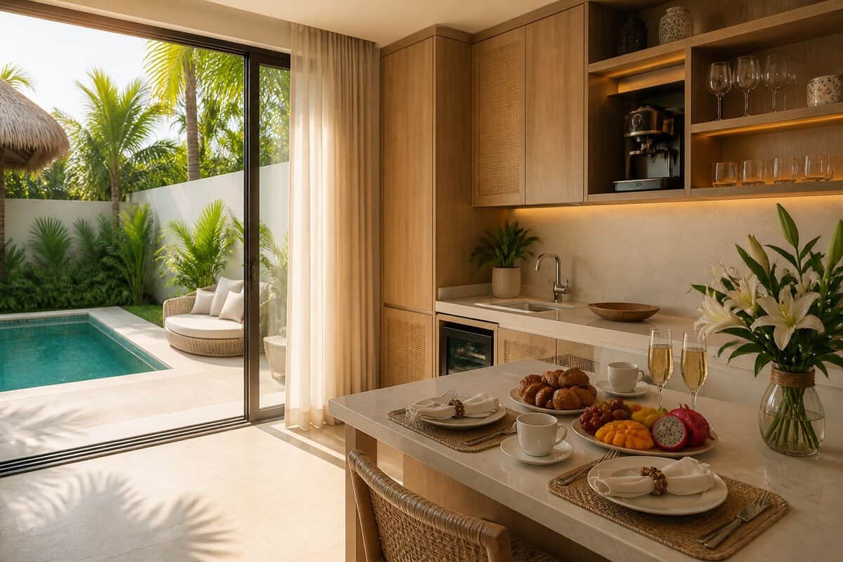 A luxurious honeymoon suite kitchen opening onto a private tropical pool.
