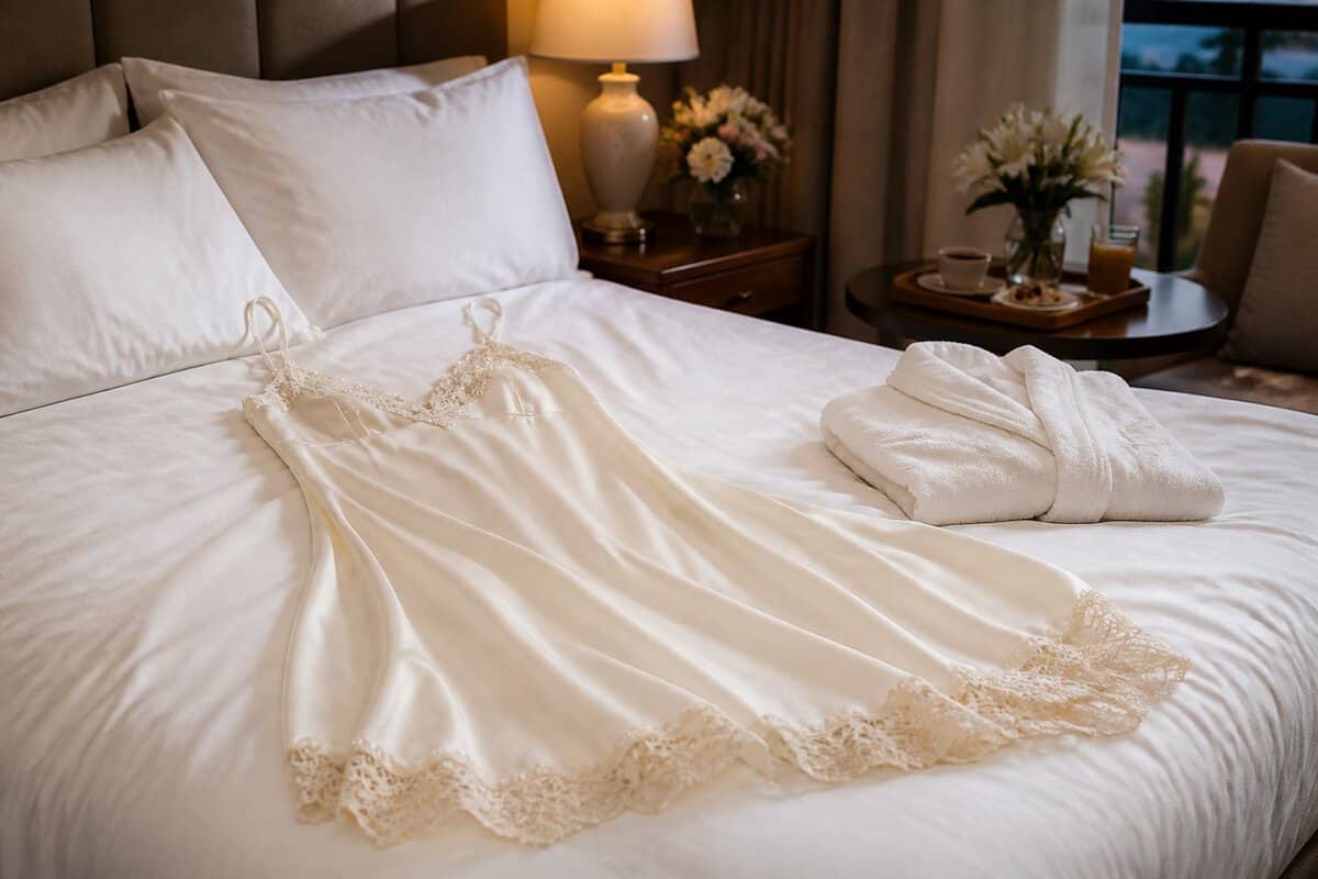 An ivory satin nightgown with lace trim arranged on a neatly made bed in a romantic hotel suite.