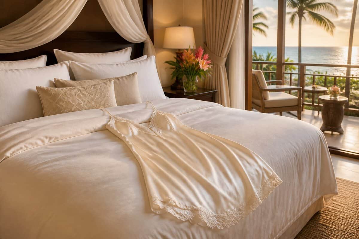 An elegant satin nightgown rests on a neatly made bed in a tropical honeymoon suite overlooking the ocean.