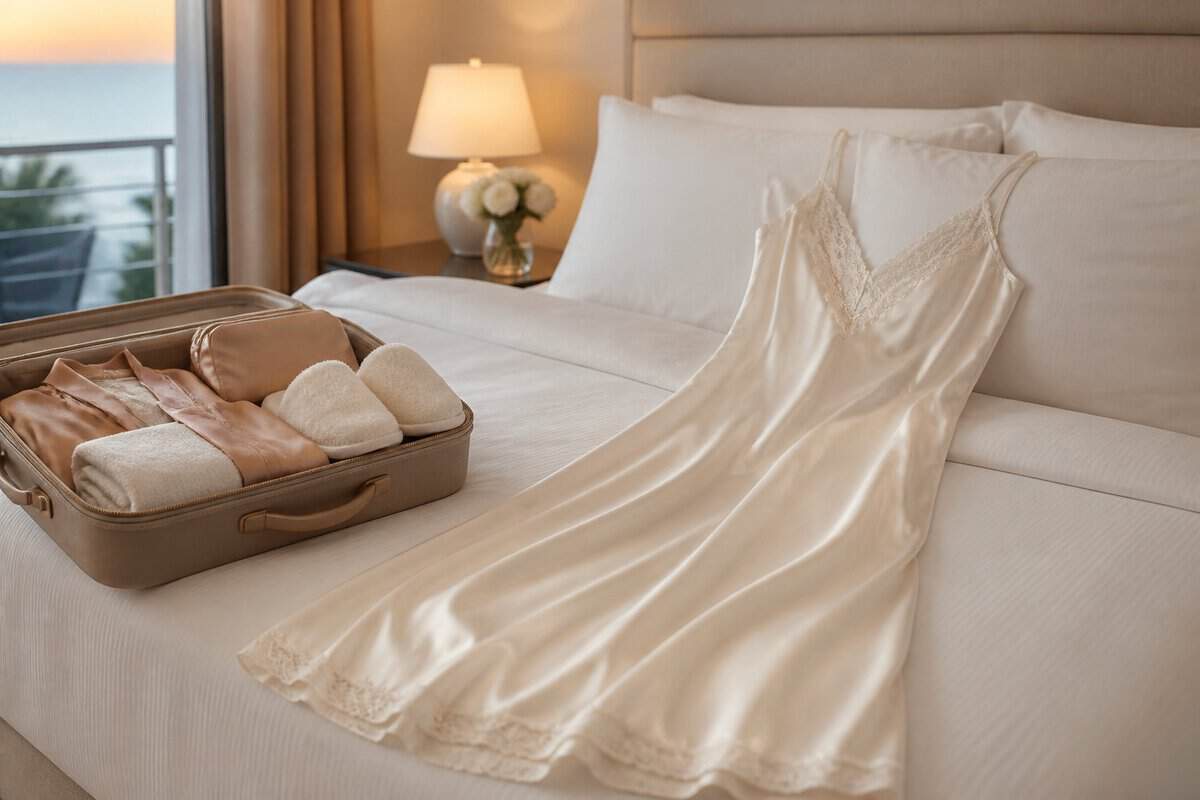 An elegant ivory nightgown and coordinated sleepwear arranged on a bed beside an open suitcase in a softly lit hotel room.