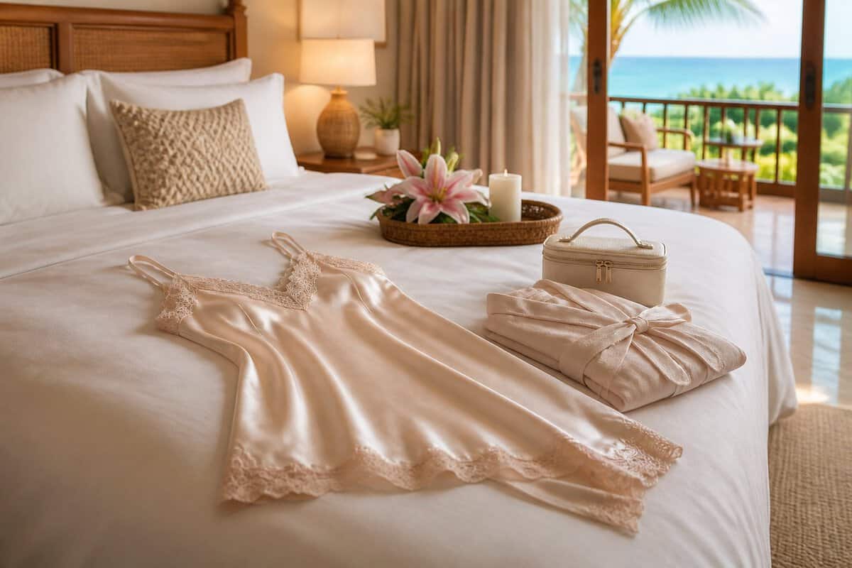 An elegant negligee arranged on a bed in a softly lit tropical resort bedroom.