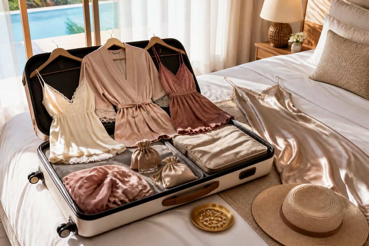 An open suitcase containing elegant sleepwear rests on a neatly made bed in a bright resort room.