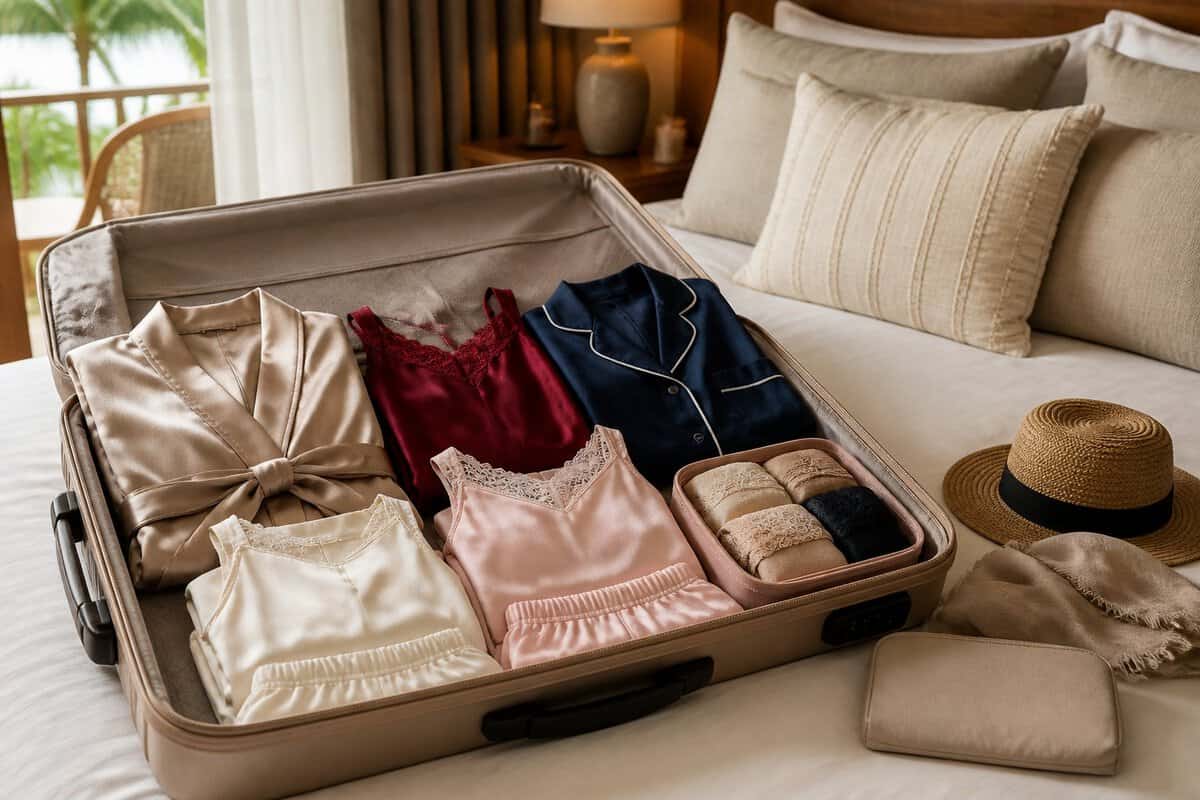 An open suitcase with several neatly organized pieces of sleepwear on a luxury resort bed.