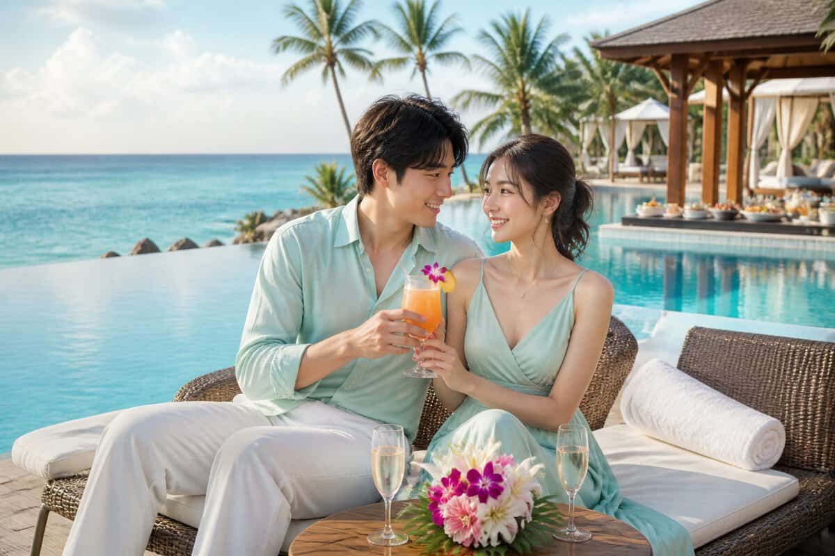 Newlywed couple relaxing together at a luxurious tropical resort beside an infinity pool.