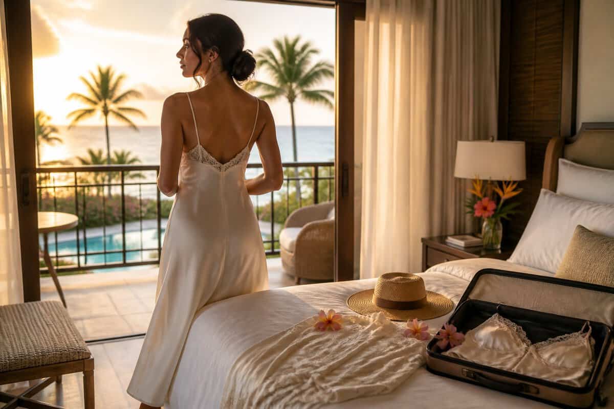A woman in an elegant ivory negligee stands on the balcony of a tropical honeymoon suite overlooking the ocean.