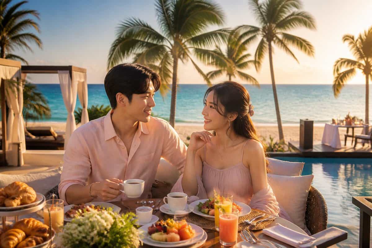 Newlywed couple enjoying breakfast on a luxurious tropical resort terrace overlooking the ocean.