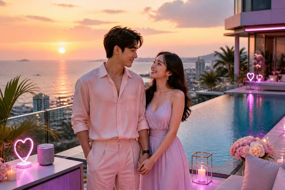 Newlywed couple enjoying a romantic sunset at a luxurious seaside resort.