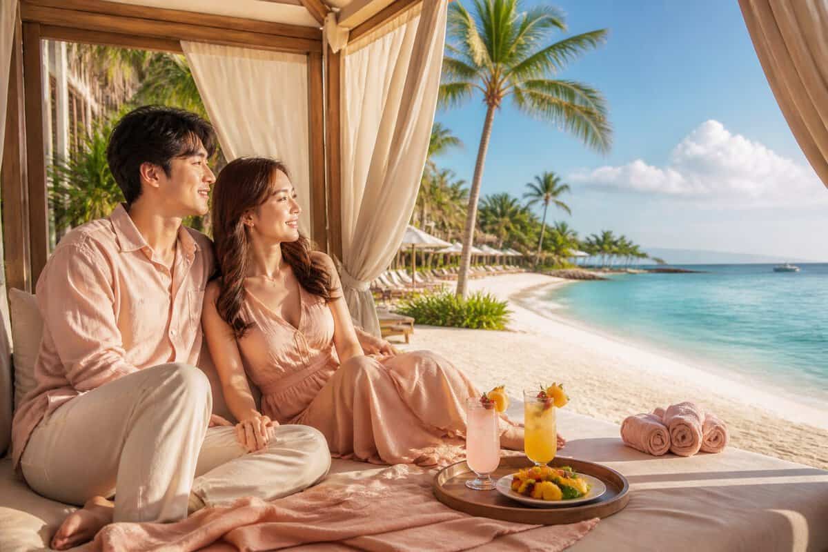 Newlywed couple relaxing together at a tropical beachfront resort.