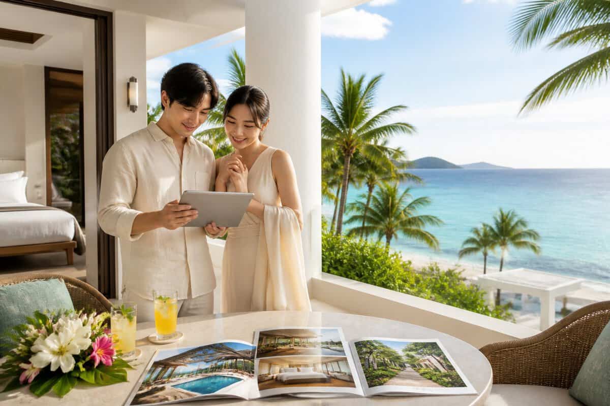 A newlywed couple compares resort room options on a tablet from a luxurious tropical hotel balcony.