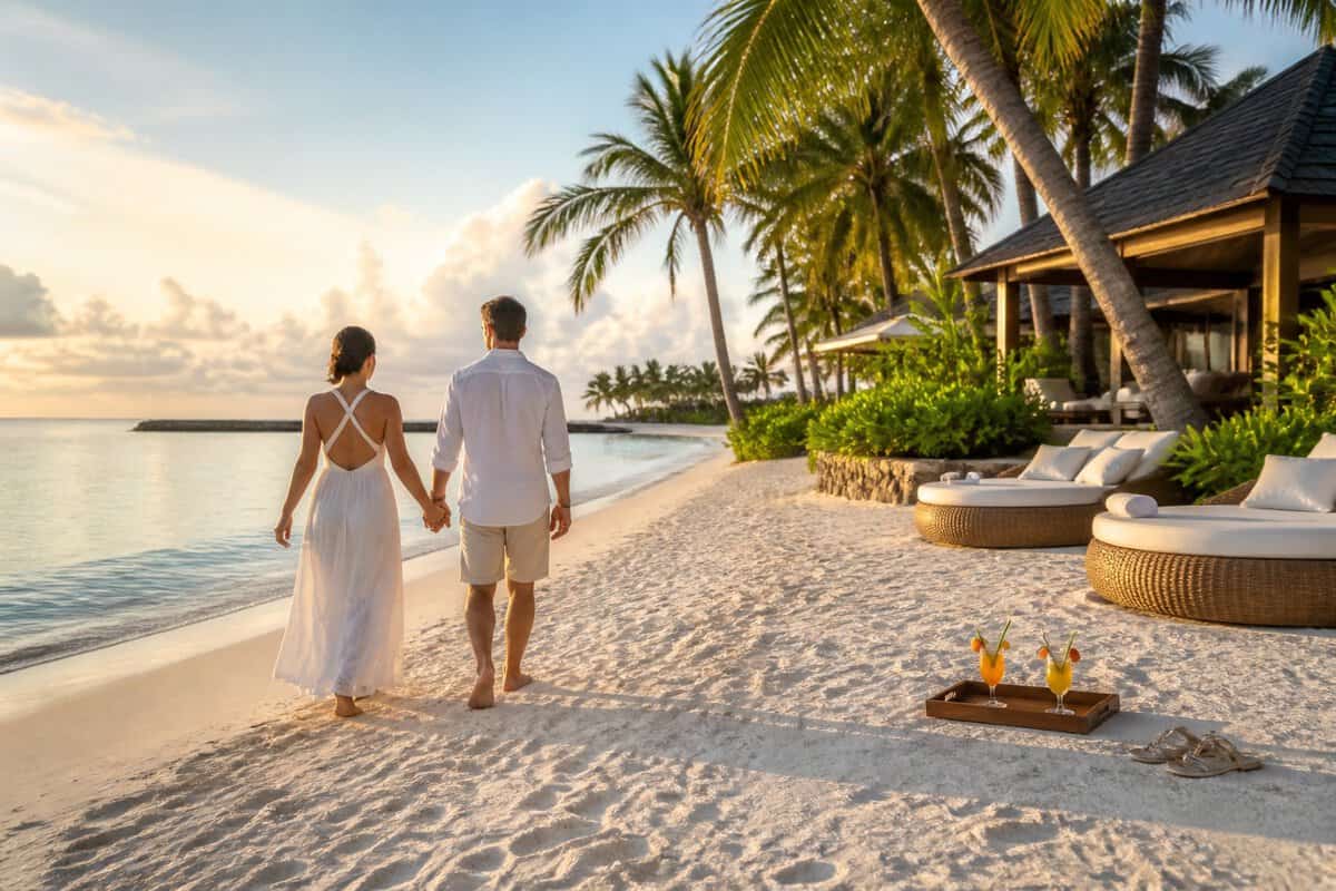 A newlywed couple walks hand in hand along a tropical beach near a luxurious resort.