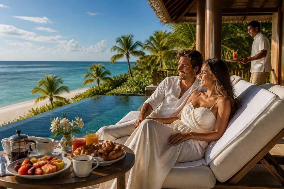 Newlywed couple relaxing at a tropical resort beside an infinity pool with breakfast and drinks nearby.